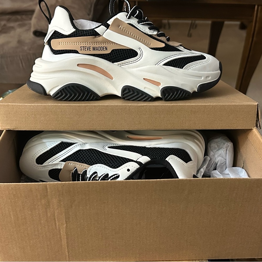 Steve Madden Black, White, and Tan Chunky Sneakers